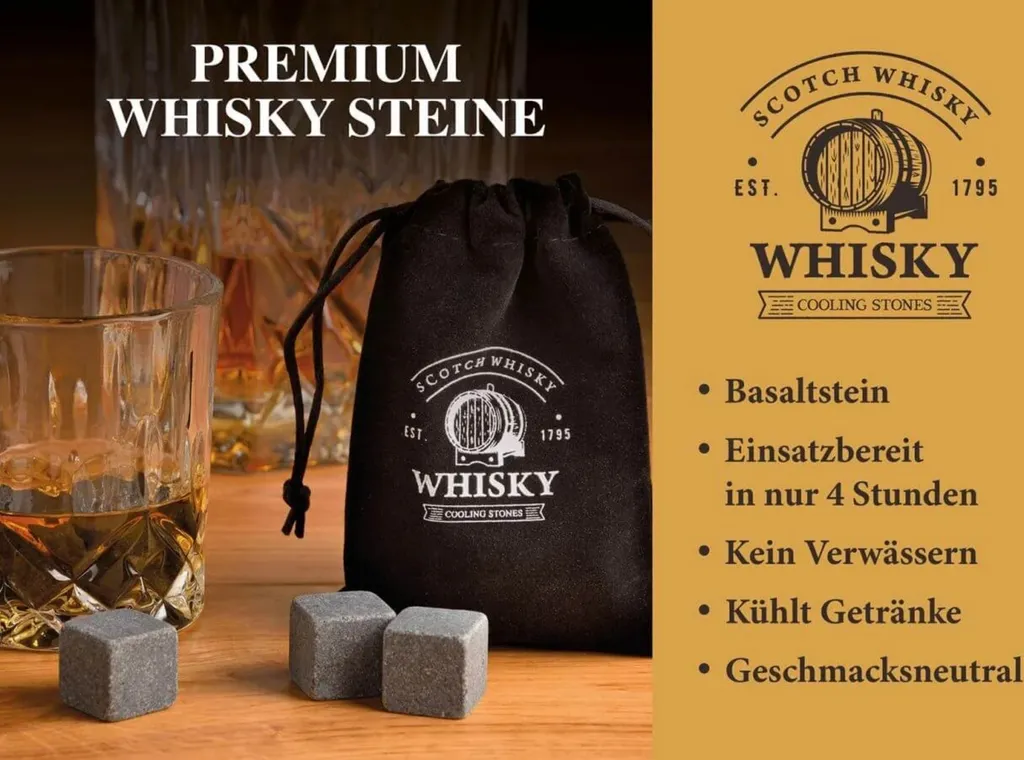 Whisky Geschenkset Nicht Nur Für Whisky Liebhaber:innen, 8 Granit Whisky Steine, 2 Whiskygläser, Eiswürfelzange Und Samtbeutel In Toller Holz Geschenkbox. Neidfaktor Inclusive - Image 3