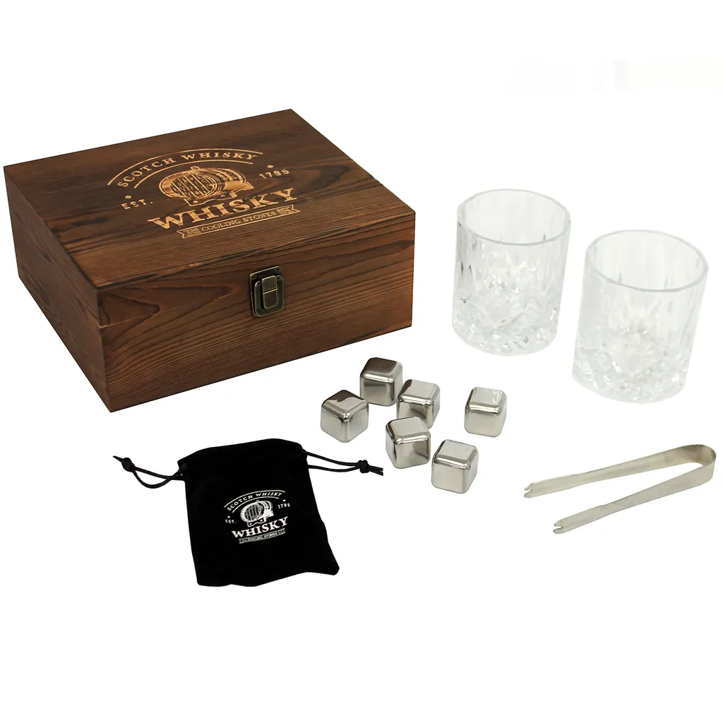 Whisky Geschenk-Set Mit 2 Gläsern, Eiswürfeln Aus Edelstahl, Zange, Samtbeutel In Einer Schönen Holzbox - Image 3