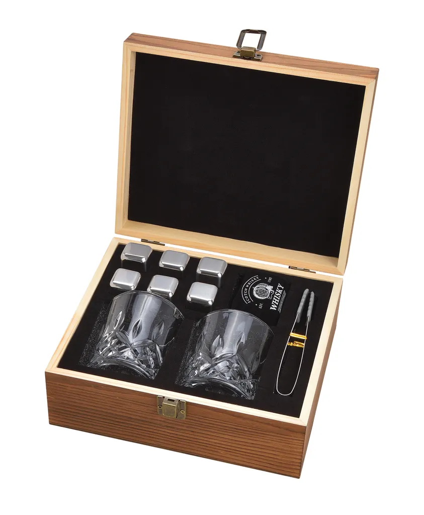 Whisky Geschenk-Set Mit 2 Gläsern, Eiswürfeln Aus Edelstahl, Zange, Samtbeutel In Einer Schönen Holzbox - Image 7