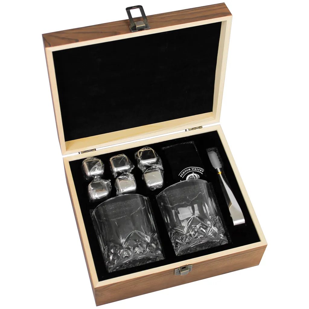 Whisky Geschenk-Set Mit 2 Gläsern, Eiswürfeln Aus Edelstahl, Zange, Samtbeutel In Einer Schönen Holzbox - Image 5